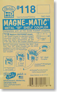(HO) Magne-Matic(R) Couplers #118 All Metal Self-Centering `SF` Shelf WHISKER(R) Coupler - Medium (19/64``) Centerset Shank (2-pair) (Model Train)