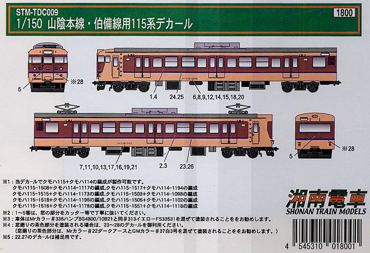 山陰本線・伯備線用115系 デカール (鉄道模型) 解説1