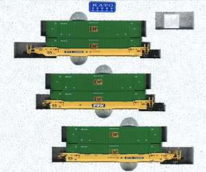Gunderson MAXI-IV Double Stack Car TTX Original Logo #DTTX 732256 w/EMP (Green) Containers (3-Car Set) (Model Train)