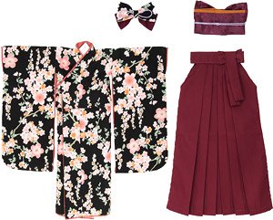 AZO2 桜舞う振袖＆袴set (墨色×臙脂色) (ドール)