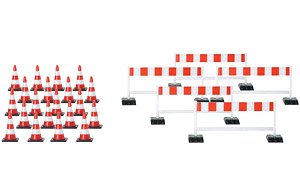 (HO) カラーコーン (20個)、 バリケード (5個) レッド/ホワイト [Pylonen/Absperrschranken (weib/rot)] (鉄道模型)