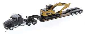 Kenworth T880s SBFS 40in-Sleeper Tandem Tractor with Lowboy Trailer and Cat 320D L Hydraulic Excavator (Diecast Car)