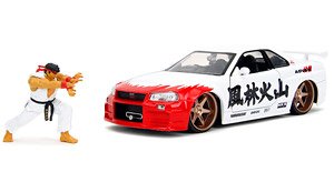 2002 Nissan Skyline GT-R (R34) White Street Fighter w/ Ryu Figure (Diecast Car)