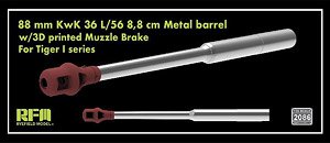 88mm KwK 36 L/56 Metal Gun Barrel w/3D printed Muzzle Brake for TIGER I (Plastic model)