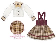 PNS Blue Bird`s Song Ribbon Blouse & Jumper skirt set Raspberry x Beige check (Fashion Doll)
