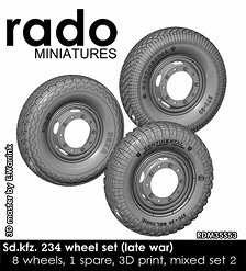 WWII German Sd.kfz. 234 Wheel Set (Late War) 8 Wheels, 1 Spare, 3D Print, Mixed Set 2 (Set of 8+1) (Plastic model)