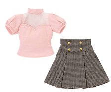 Q`z Decollete See-through Tops & Mini Skirt Set Pink x Brown Plaid (Fashion Doll)