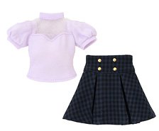 Q`z Decollete See-through Tops & Mini Skirt Set Purple x Navy Plaid (Fashion Doll)
