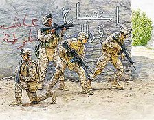 4 current US Marines, deployed for security in the Middle East, with a variety of equipment (Plastic model)