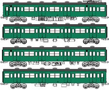 1/80(HO) J.N.R. Series 103 Low Cab, Original Window, Non-Air-Conditioned Car Blue Green #1 with Motor Standard Four Car Set D (w/Motor) (Basic 4-Car Set) (Model Train)