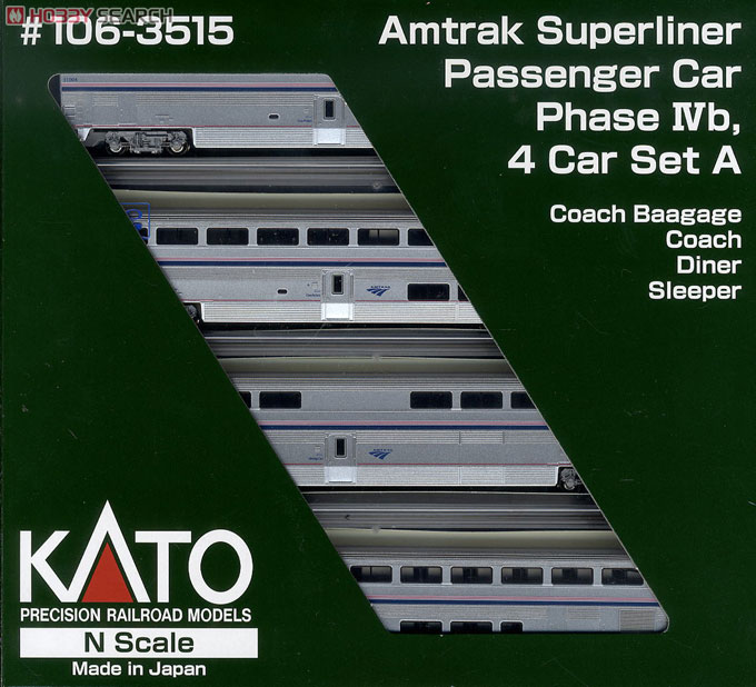 Amtrak Superliner Passenger Car Phase IVb, 4 Car Set A (アムトラックスーパーライナー客車・銀/赤青白帯) (増結A・4両セット) ★外国形モデル パッケージ1