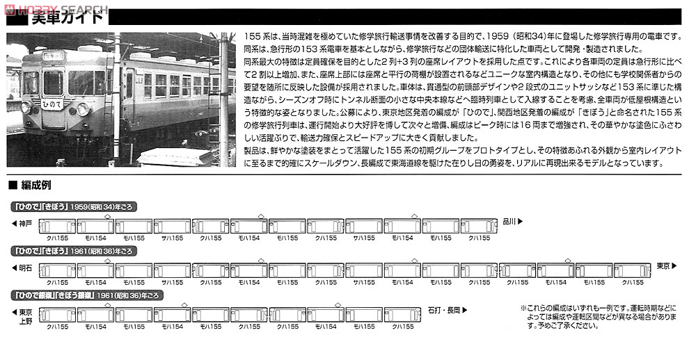 16番(HO) 国鉄 155系 修学旅行用電車 (基本・4両セット) (鉄道模型) 解説1
