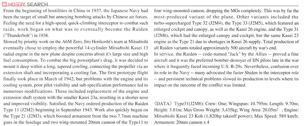 三菱 J2M6 局地戦闘機 雷電 31型 (プラモデル) 英語解説1 モーダル