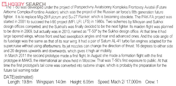 PAK FA T-50 試作2号機 (プラモデル) 英語解説1