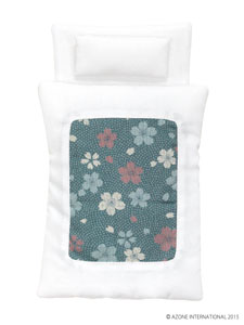 1/12 Cherry Blossom Fine Pattern Futon Set (Pillow/Duvet/Mattress Set) (White x Pale Blue Green) (Fashion Doll)