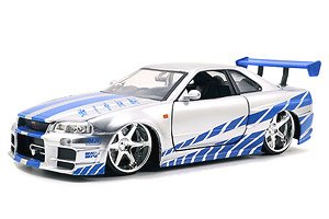 Fast & Furious Brian`s Skyline GT-R R34 Silver / Blue Stripes (Diecast Car)