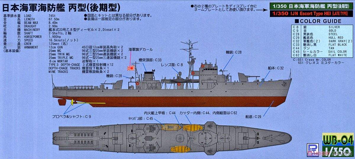 日本海軍海防艦 丙型 (後期型) エッチングパーツ、砲身付 (プラモデル) 塗装1