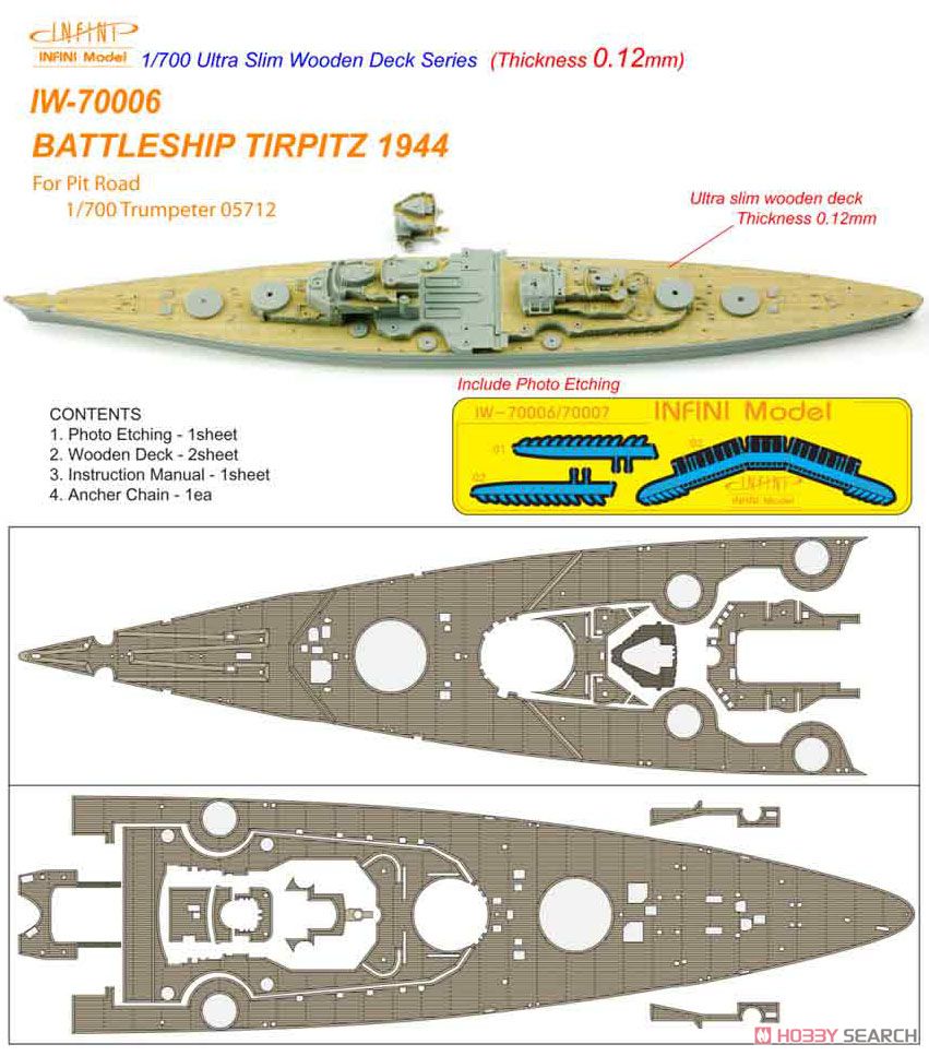 ドイツ海軍 戦艦 ティルピッツ 1944用 エッチングパーツ、アンカーチェーン付き (PIT用) 木製甲板 (プラモデル) その他の画像1