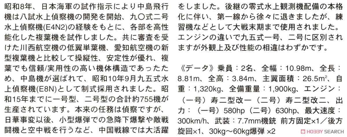 中島 E8N1/E8N2 九五式一号/二号水上偵察機 大和搭載機 (プラモデル) 解説1