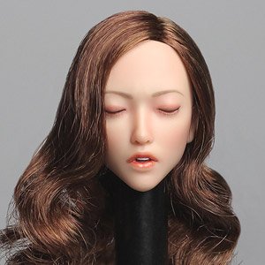 1/6 Asian Female Head Close Eyes Brown Hair Long Curl (Fashion Doll)