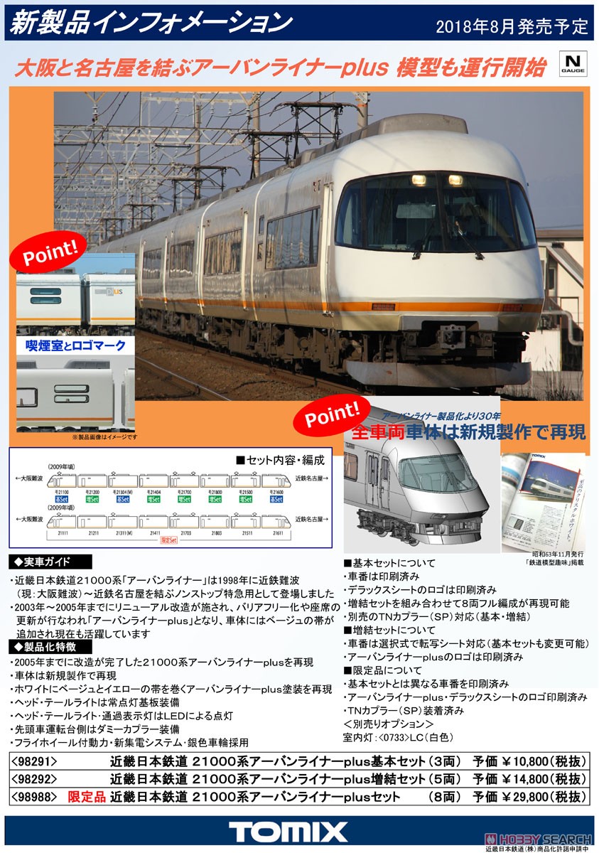Kintetsu (Kinki Nippon Railway) Corporation Series 21000 Urban Liner Plus Standard Set (Basic 3-Car Set) (Model Train) About item1