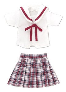 White Collar Check Sailor School Uniform Set (Red Check) (Fashion Doll)