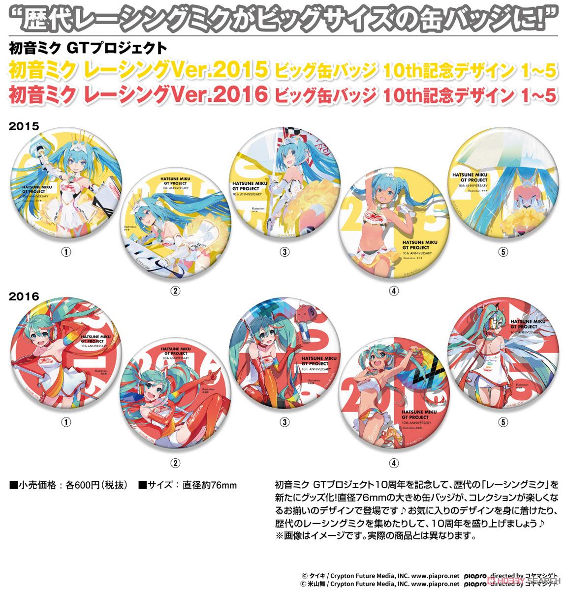 Hatsune Miku Racing Ver. 2015 Big Can Badge 10th Anniversary Design 1 (Anime Toy) Other picture1