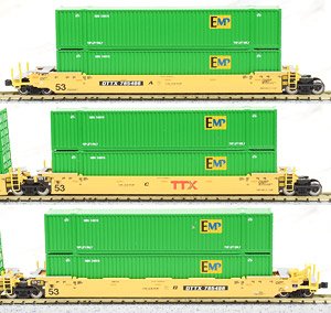 Gunderson MAXI-IV Double Stack Car TTX New Logo #DTTX765496 (with EMP 53 Feet Green Containers) (3-Car Set) (Model Train)