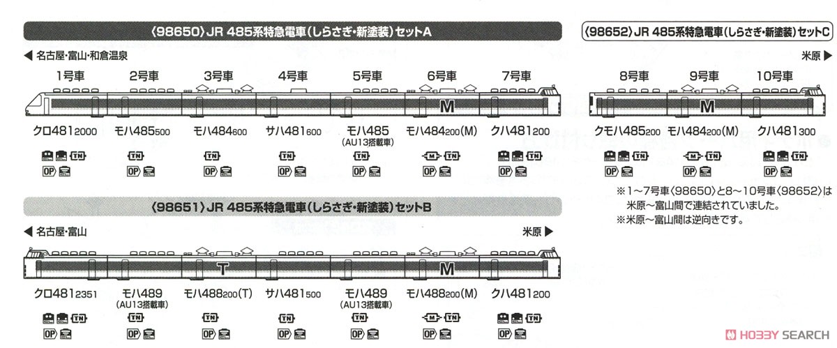 JR 485系特急電車 (しらさぎ・新塗装) セットB (7両セット) (鉄道模型) 解説3