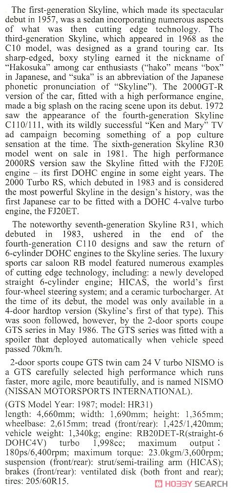ニッサン スカイライン GTS (R31) 前期型 `NISMO` (プラモデル) 英語解説1