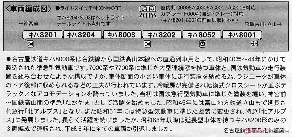 名鉄 キハ8000系 旧塗装 急行北アルプス (6両セット) (鉄道模型) 解説1
