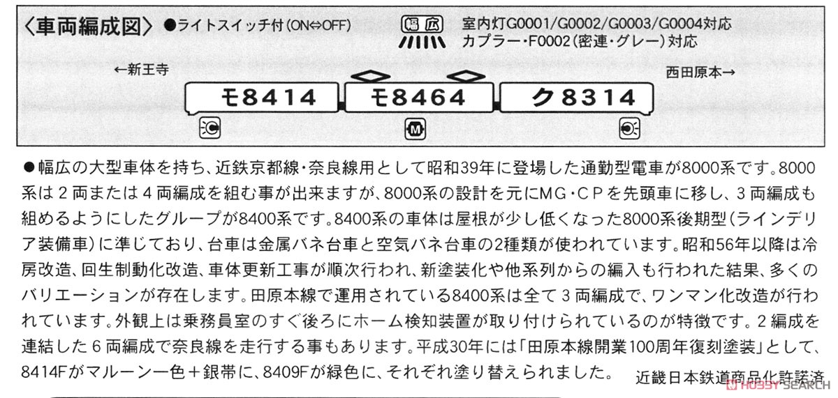 近鉄 8400系 田原本線 復活塗装 マルーン (3両セット) (鉄道模型) 解説1