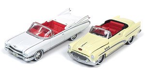 Johnny Lightning Twin Pack 2019 Release 2 1959 Cadillac Eldorado Convertible in Olympic White with Red Interior - `50s & Fins & 1953 Buick Super Convertible - `50s & Fins (Diecast Car)