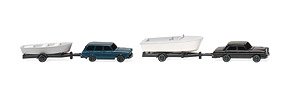 (N) Two Boat Trailers Set (Mercedes-Benz 280 with Motor Boat Trailer, Volkswagen Variant with Rowing Boat Trailer) (Model Train)