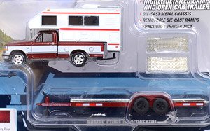 Truck and Trailer 1993 Ford F-150 with Camper and Open Car Trailer Wild Strawberry Poly (ミニカー)