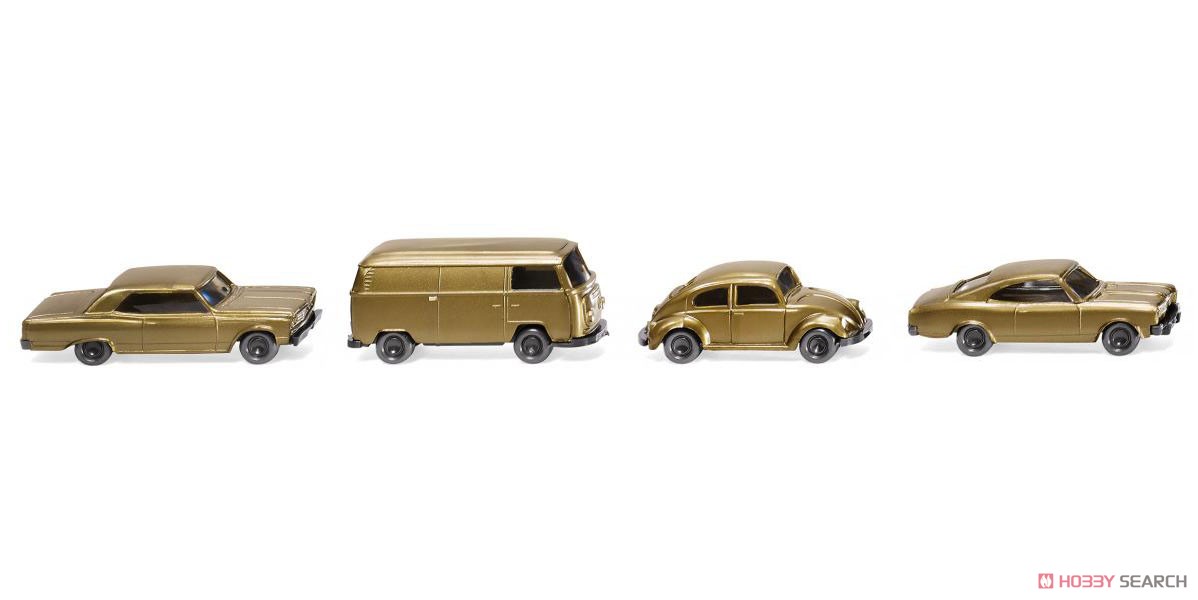 (N) Nゲージ 50周年記念セット VW ビートル 1300, VWバス, オペル レコルト, シボレー マリブ カラー：ゴールド (鉄道模型) 商品画像1