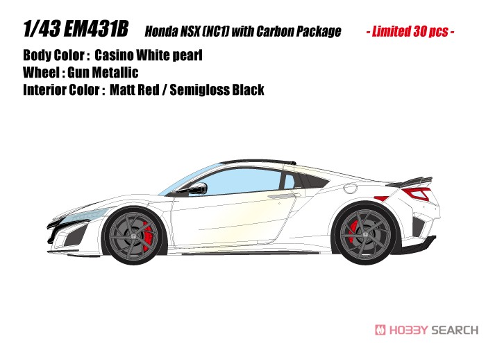 HONDA NSX (NC1) with Carbon Package 2016 カジノホワイトパール (インテリア：ブラック/レッド) (ミニカー) その他の画像1
