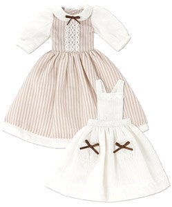 PNS Funwari Apron One-piece Dress Set (Brown Stripe) (Fashion Doll)