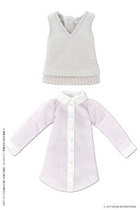 Shirt One-piece Dress Set (Purple x Gray) (Fashion Doll)