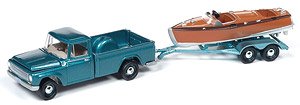 JL 1965 International 1200 Truck in Medium Turquoise with Split-cockpit Wood Boat (ミニカー)