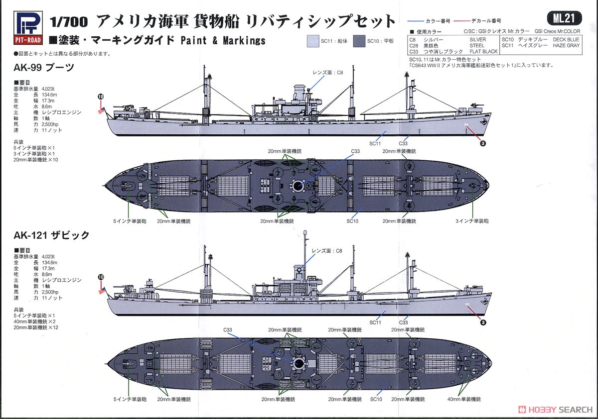 アメリカ海軍 貨物船 リバティシップセット (AK-99 ブーツ・AK-121 ザビック) (2隻入り) (宮沢模型流通限定) (プラモデル) 塗装2