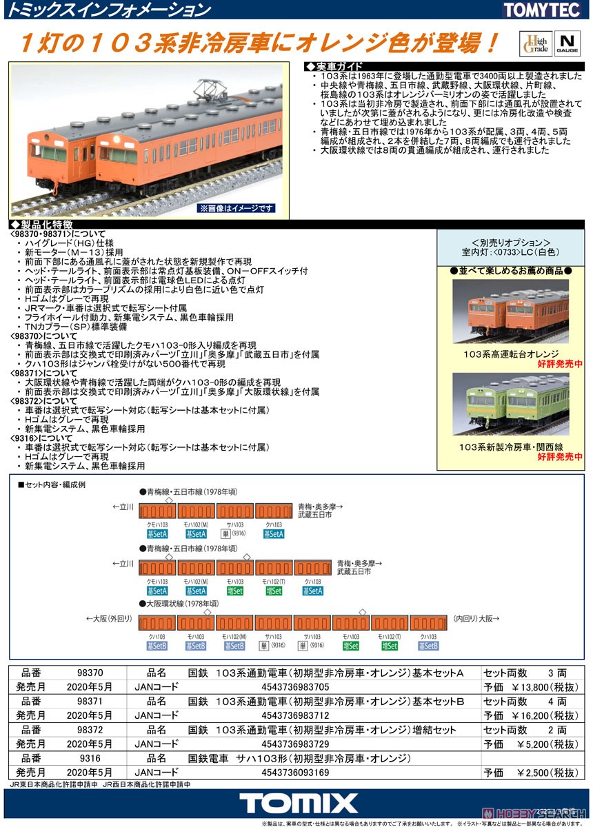 国鉄 103系 通勤電車 (初期型非冷房車・オレンジ) 増結セット (増結・2両セット) (鉄道模型) 解説1