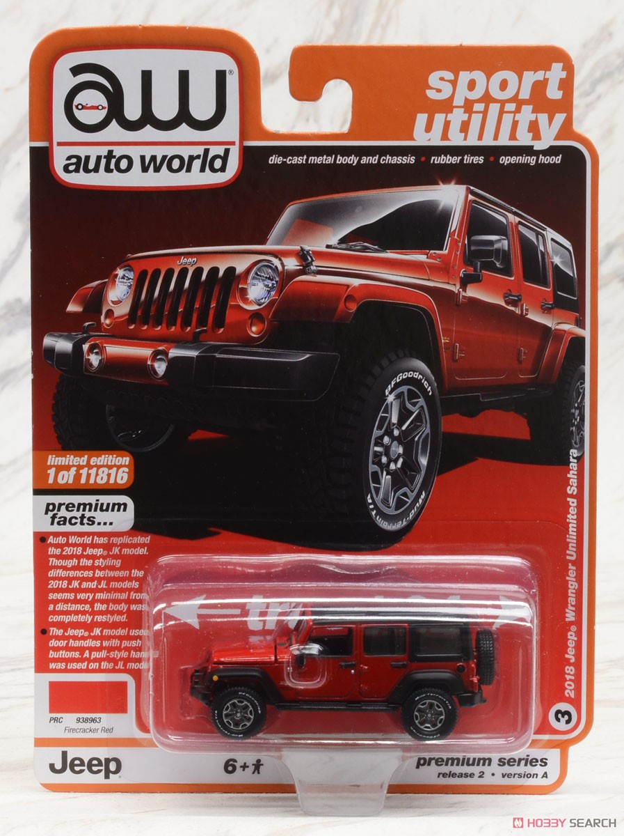 2018 Jeep Wrangler Sahara in Firecracker Red with Flat Black Roof (Diecast Car) Package1