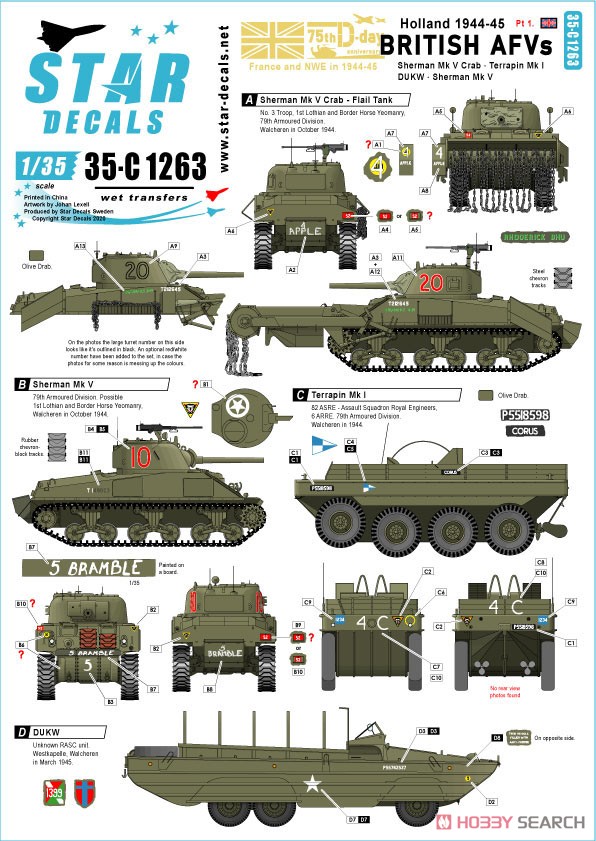 WWII 英 オランダでの英陸軍戦車と装甲車 シャーマンMkV シャーマンクラブ DUKW テラピン水陸両用車 (デカール) 設計図1