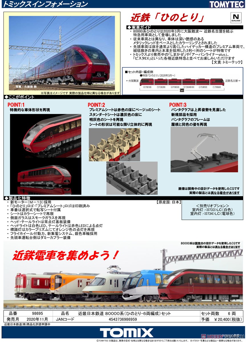 近畿日本鉄道 80000系 (ひのとり・6両編成) セット (6両セット) (鉄道模型) 解説1