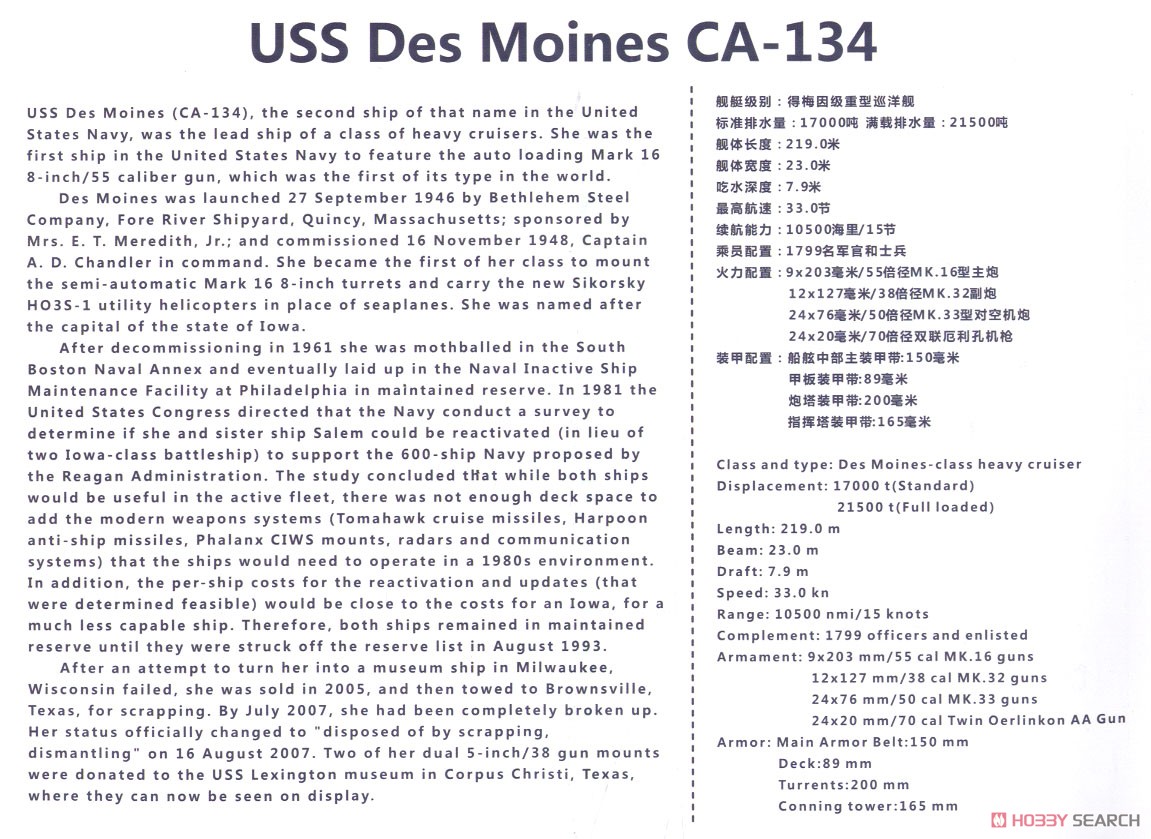 米海軍重巡洋艦 USS デモイン CA-134 (DX版) (プラモデル) 英語解説1