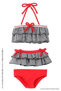 45 Gingham Check Frill Bikini Set (Black Check x Red Ribbon) (Fashion Doll)