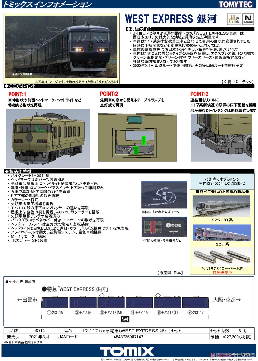 JR 117-7000系 電車 (WEST EXPRESS 銀河) セット (6両セット) (鉄道模型) 解説1