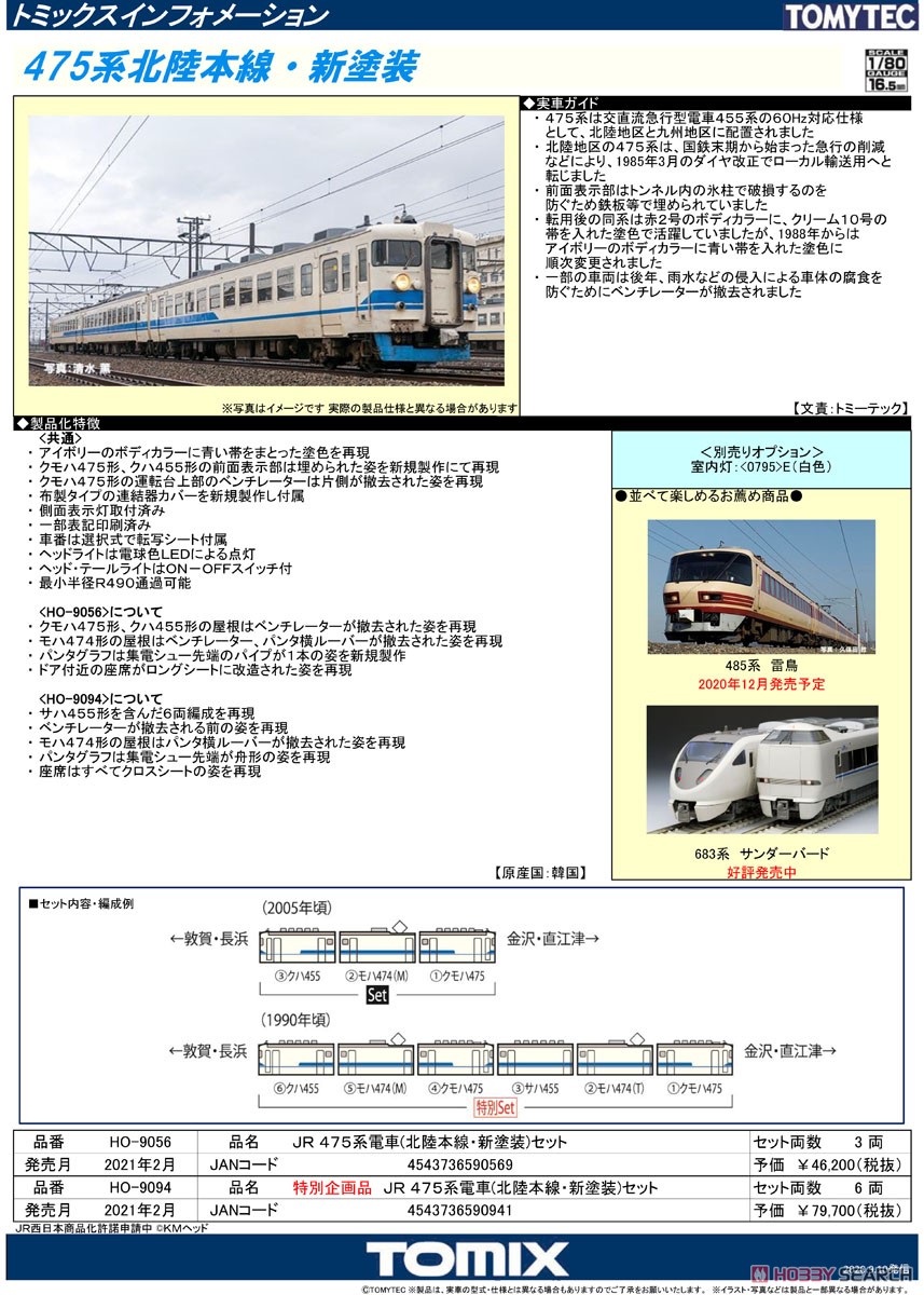 16番(HO) JR 475系電車 (北陸本線・新塗装) セット (3両セット) (鉄道模型) 解説1