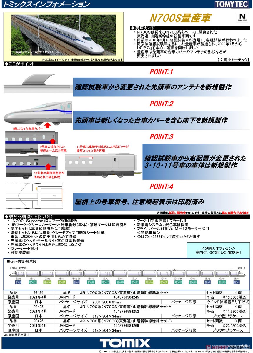 JR N700系 (N700S) 東海道・山陽新幹線 基本セット (基本・4両セット) (鉄道模型) 解説1